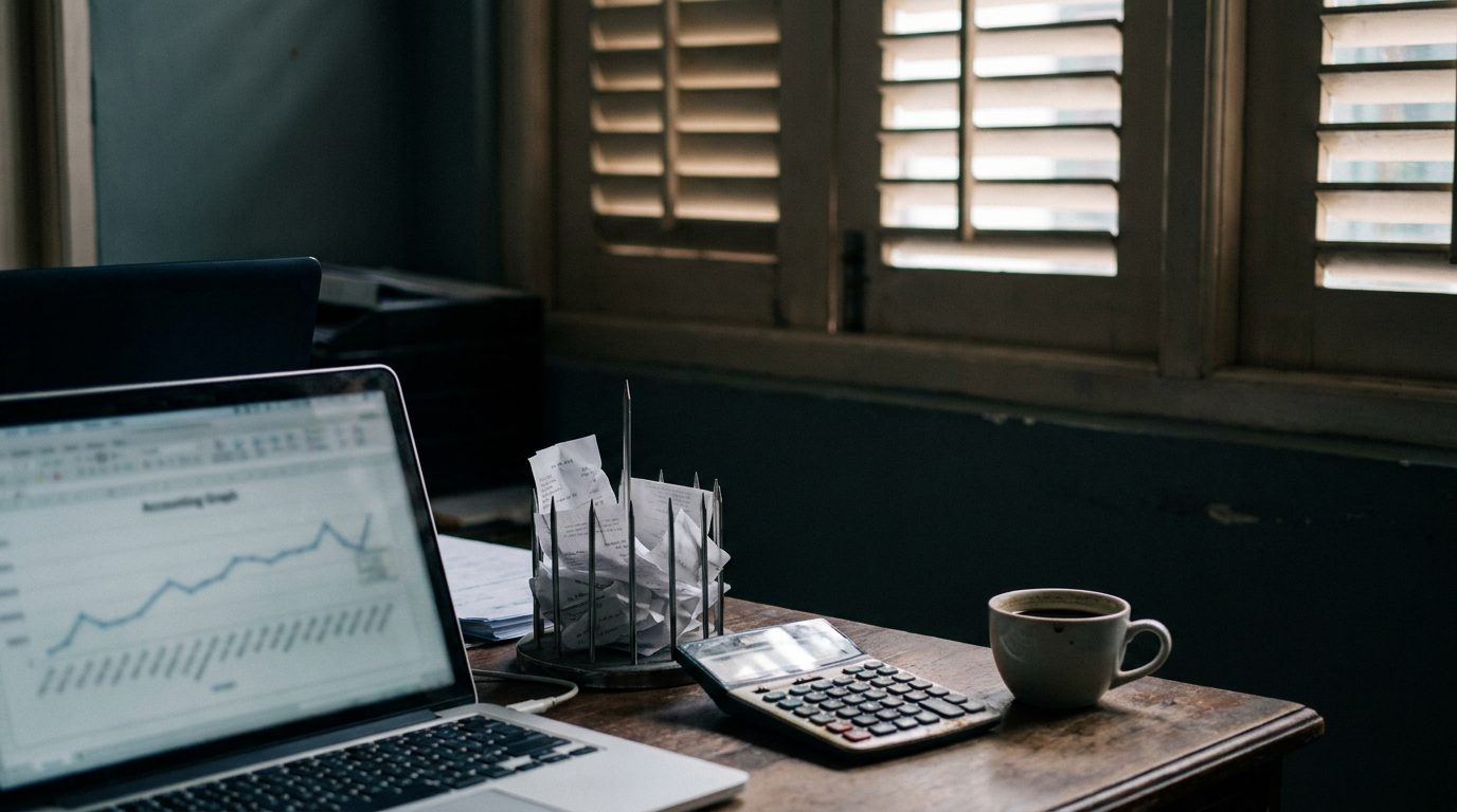 Business owner's desk in a Singapore shophouse office with receipts and a calculator