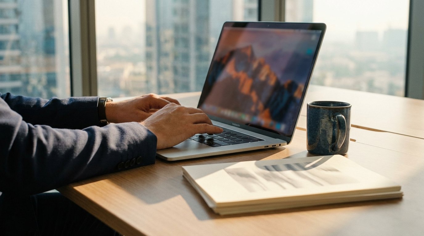 Business owner preparing a corporate tax filing on a laptop in a Dubai office