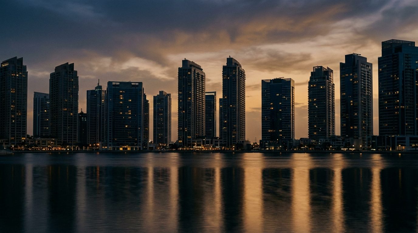 Dubai towers at golden hour across calm water